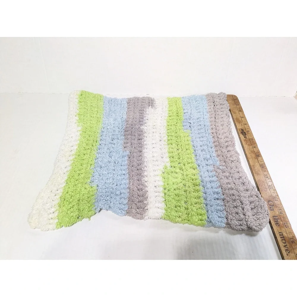 Baby Boy Blanket & Lovey Blue Green Elephant Satin Taggie Ribbon Crochet Striped